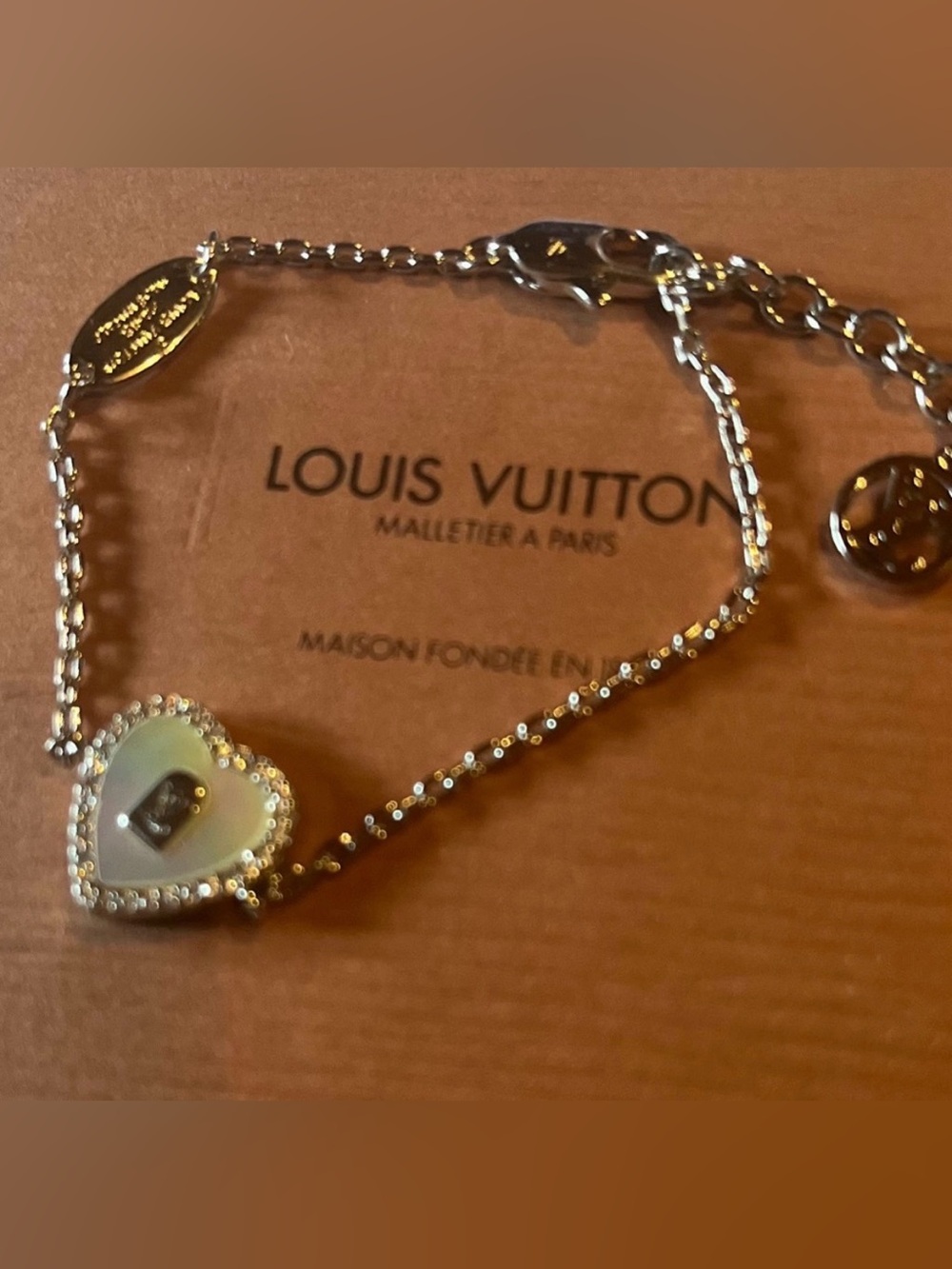 Louis Vuitton Silver Bracelet Mother of Pearl Heart Charm Full Inclusion Jewelry
